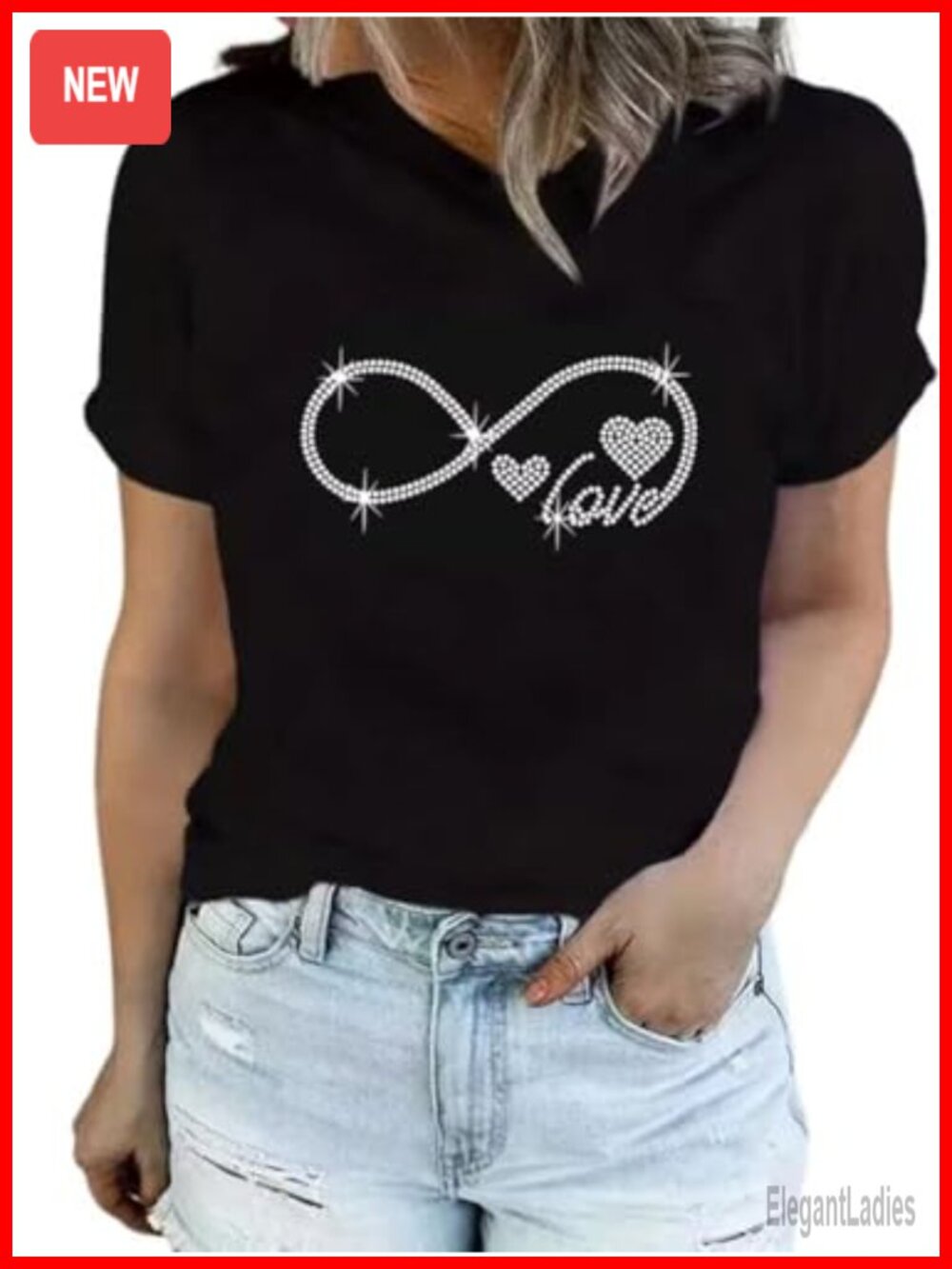 Rhinestone Heart Print Short Sleeve T-Shirt Casual Tee